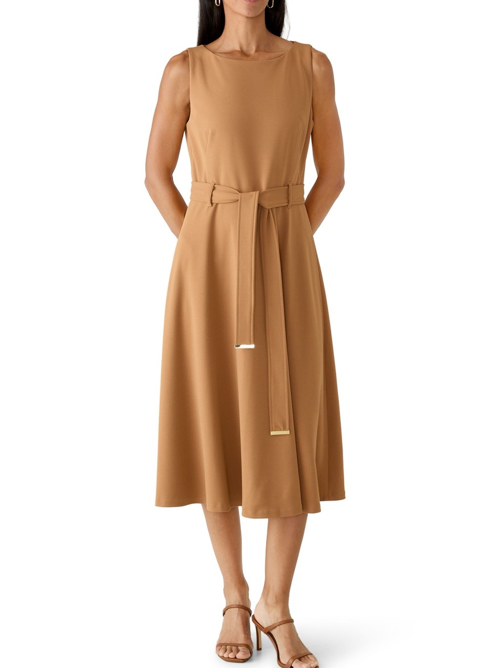 Calvin Klein Sleeveless Midi Dress Orange with Self-Tie Belt